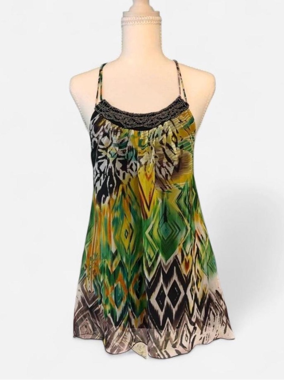 Allen B Boho Festival Halter Top Asymmetric Hem Beaded Tribal Flowy Y2K Small